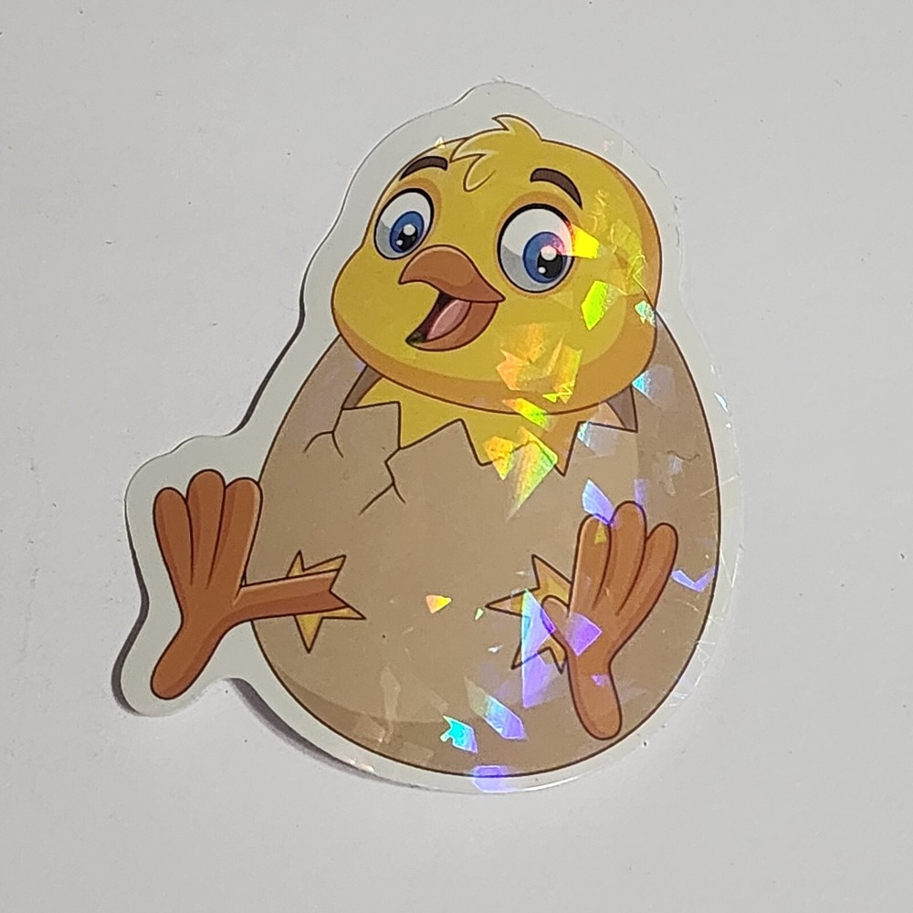 Yellow Chicken Hatching Egg Sticker Decal Shiny Cartoon Holographic 2.5 inch